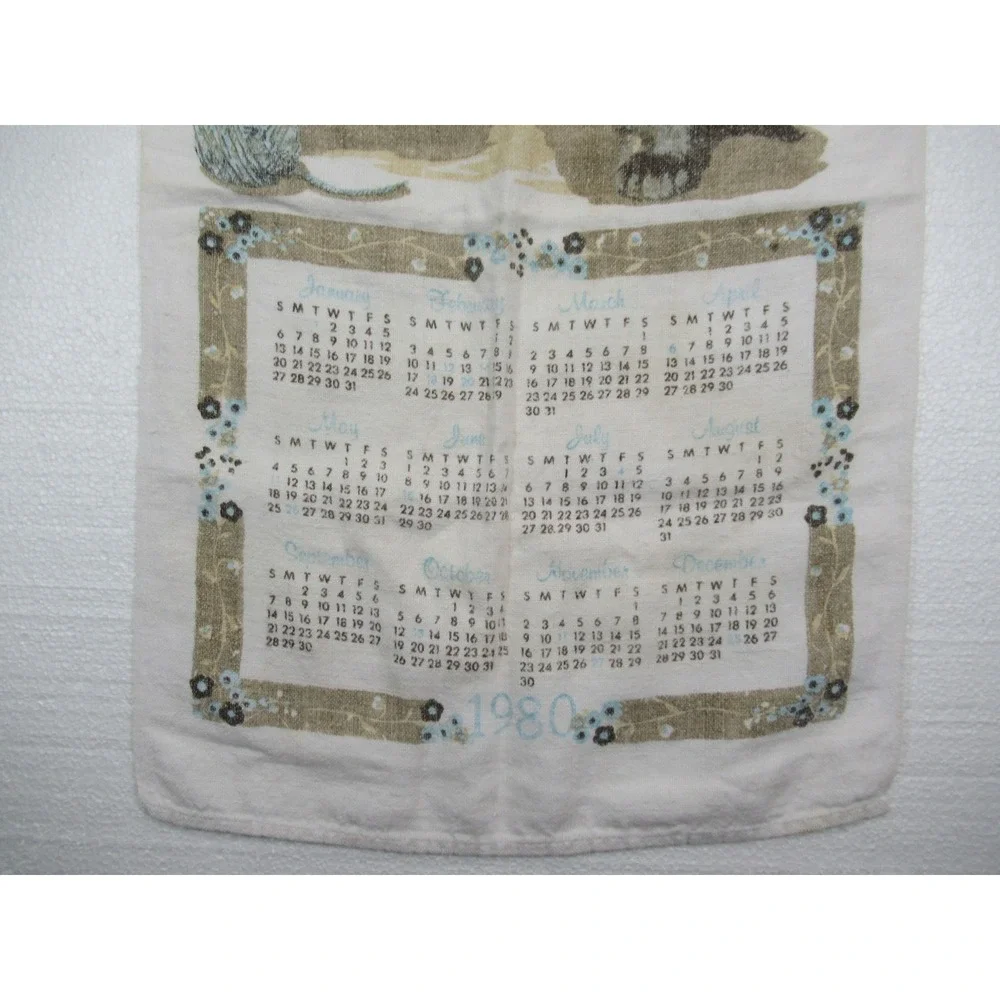 Vintage 1980 Calendar Kitten Cat Print Tea Towel
